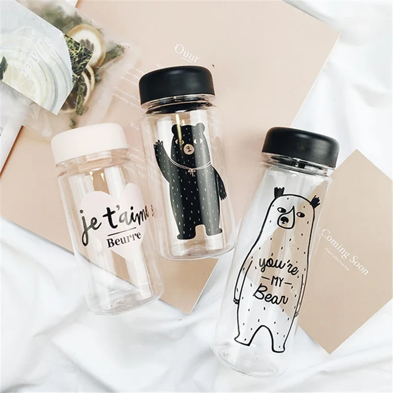 

Portable Plastic Transparent Bear Printing Water Bottles Space Cup Large Capacity Beverage Tea Juice Cup 500ml 350ml Hot sale E6