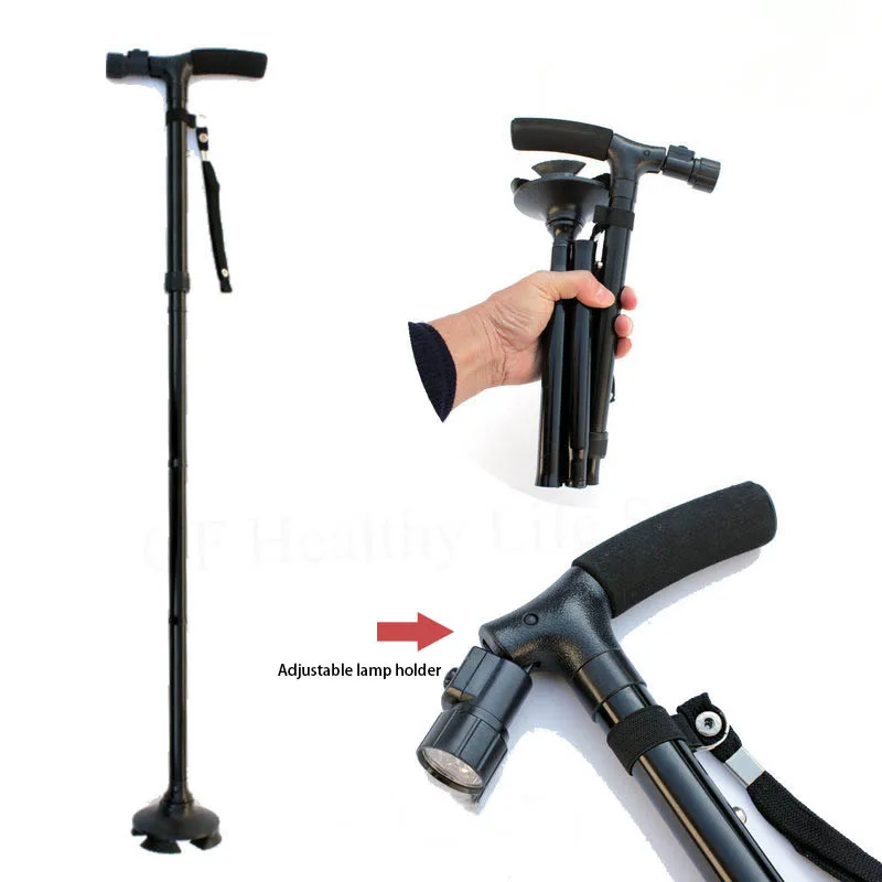 

Old Peoples Cane Medical Crutches Folding LED Safety Walking Stick Magic Cane 4 Head Pivoting Trusty Base Black Lamp Crutches