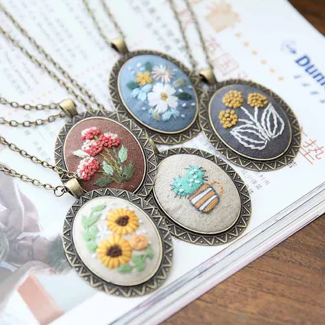 Necklace Embroidery Kits,Needlework Flower DIY Cross Stitch Sets with