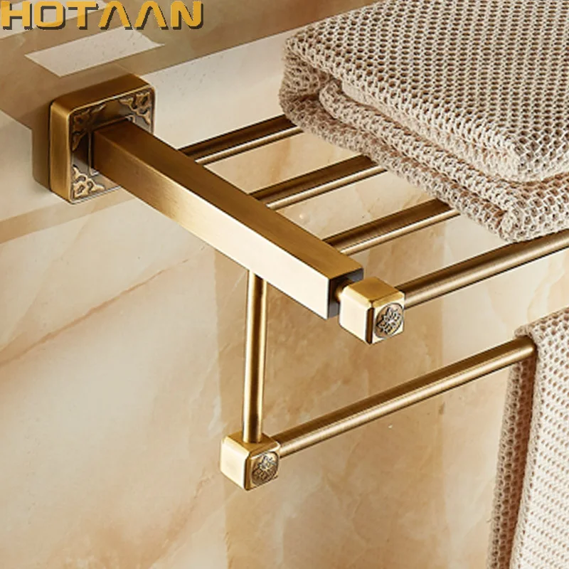 Aluminum Wall Mounted Square Antique Brass Bath Towel Rack Active Bathroom Towel Holder Double Towel Shelf Bathroom Accessories