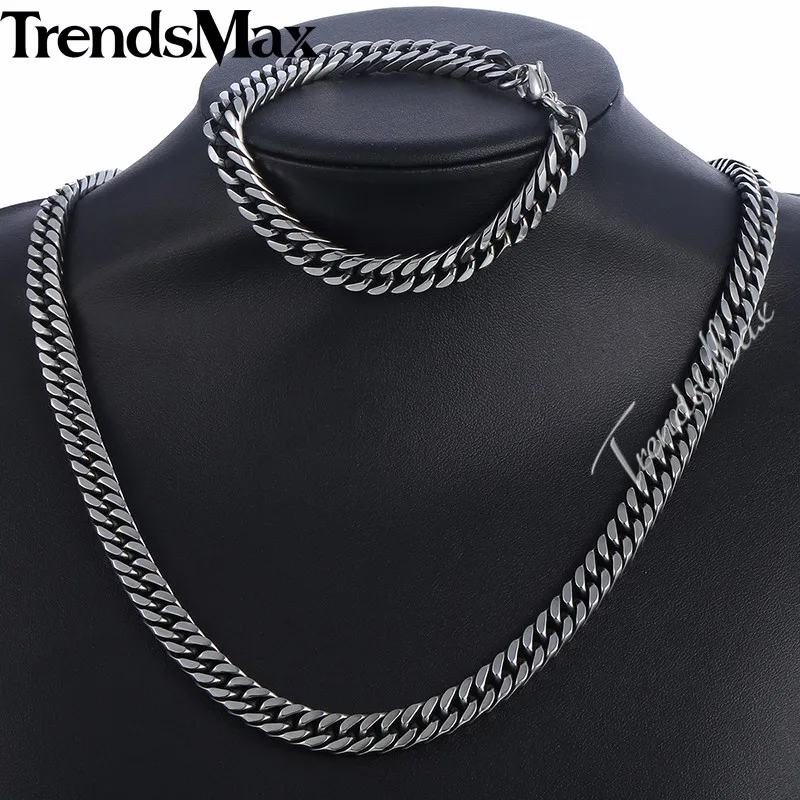 Trendsmax ювелирный набор, мужское ожерелье, браслет из нержавеющей стали, Цепочка Из бронзового металла, двойная Снаряженная кубинская Rombo Link KS225