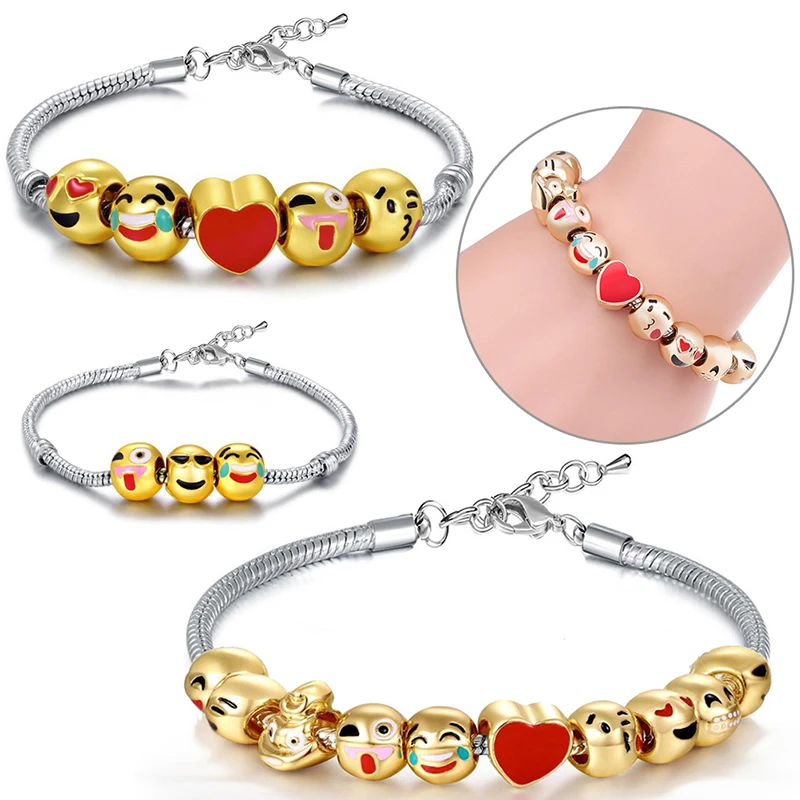 3/5/10 DIY Cartoon Emoji Bracelets Beads For Kids Love Heart Charms