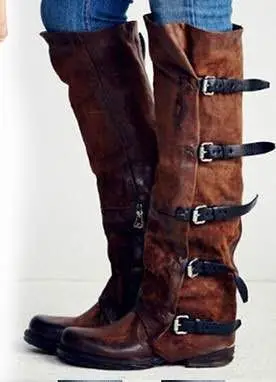 

Lace-Up Buckle Women Cowboy Boots Round Toe Mid-Calf Gothic Long Boots Med Square Heel Winter Shoes