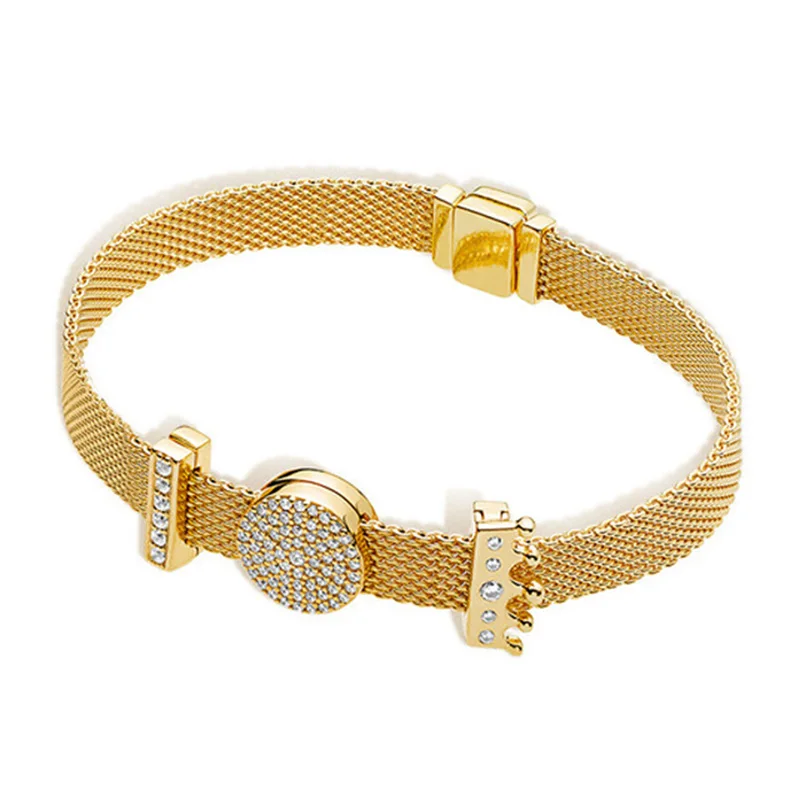 

NEW 100% 925 Sterling Silver Reflexions Bracelet Set Shine Gold Crown Elegant Fit European DIY Original Charm Bead Jewelry Gift