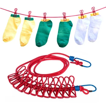 

Portable Travel Stretchy Clothesline Outdoor Camping Windproof Clothes Line With 12 Clamp Clips Hooks Outdoor Tool Color Random