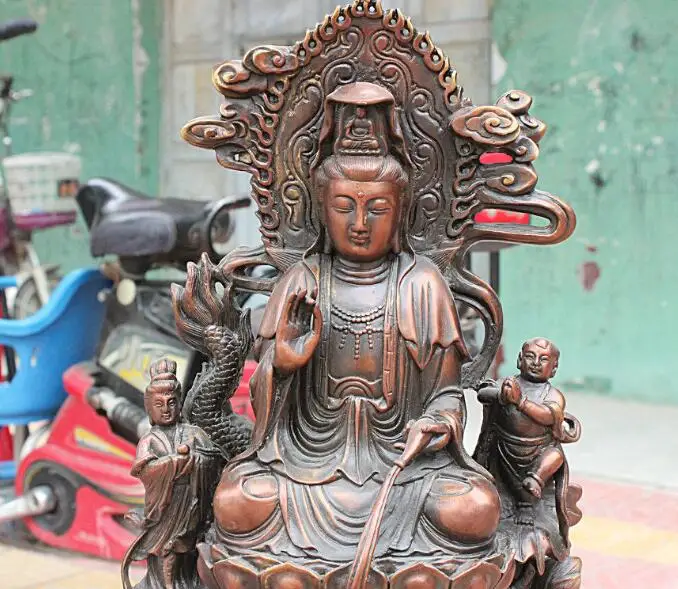 

S7238 18" Tibet Temple Pure Red Bronze Kid GuanYin Kwan-Yin Goddess Ride Dragon Statue D0318