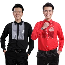 2017 Male costume paillette long-sleeve shirt chorus clothing black and red men’s clothing formal dress The singer’s clothing