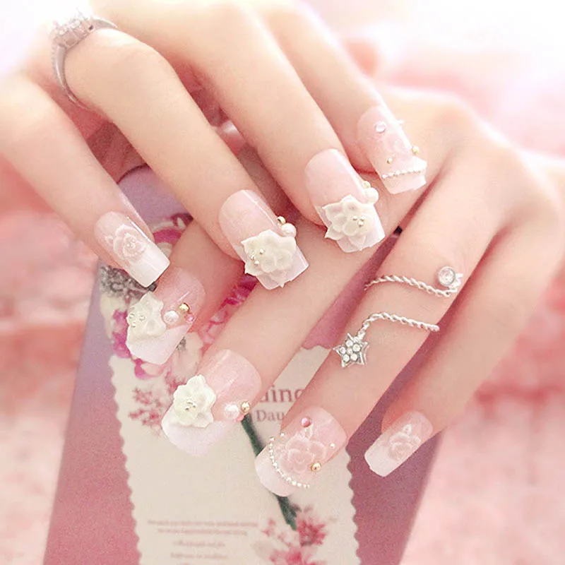 

24 Pcs/Set Full Nails Tips With Glue 3D Flowers Beads Wedding Bride Fake Fingernails Nail Art Decorate Tool @ME88
