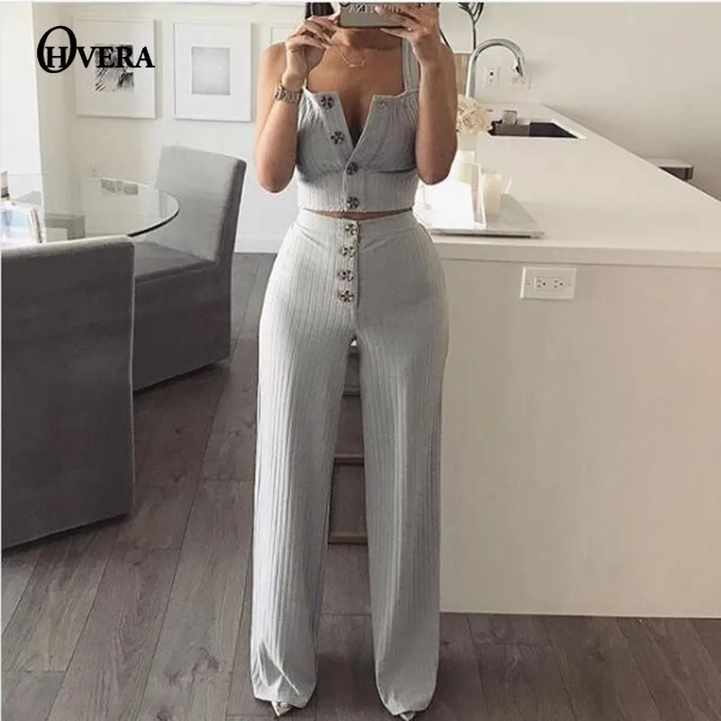 

Ohvera Knitted Sweater 2 Piece Swt Women Square Collar Spaghetti Strap Crop Top And Long Pants Single Breasted Two Piece Set