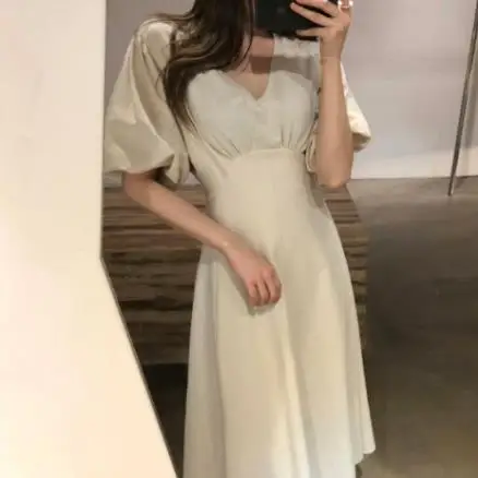 

Korean Women Summer Cotton Linen Sexy V Neck Long A-line Dress Female Elegant Lantern Sleeve Vestidos Sukienki Kleider Damen LJ4