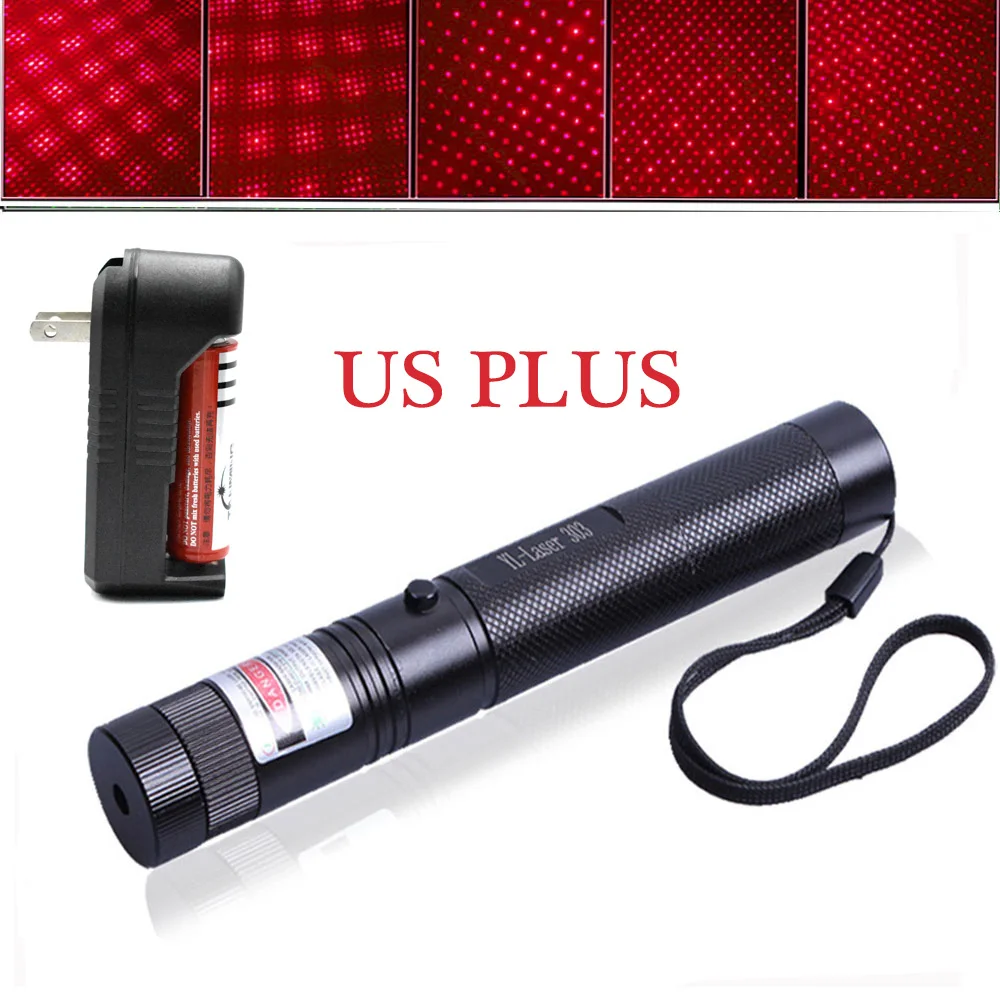 303 Green Laser Pointer Red Laser Blue Pointer Sight Powerful Device Adjustable Focus Lazer 303, Choose Charger& 18650 Battery - Color: Red laser US