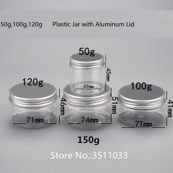 

48pcs/Lot 50G 100G 120G Plastic Jar with Aluminum Lid Cap Good Sealing Plastic Pot Cream Jar Plastic Candy Packaging Container