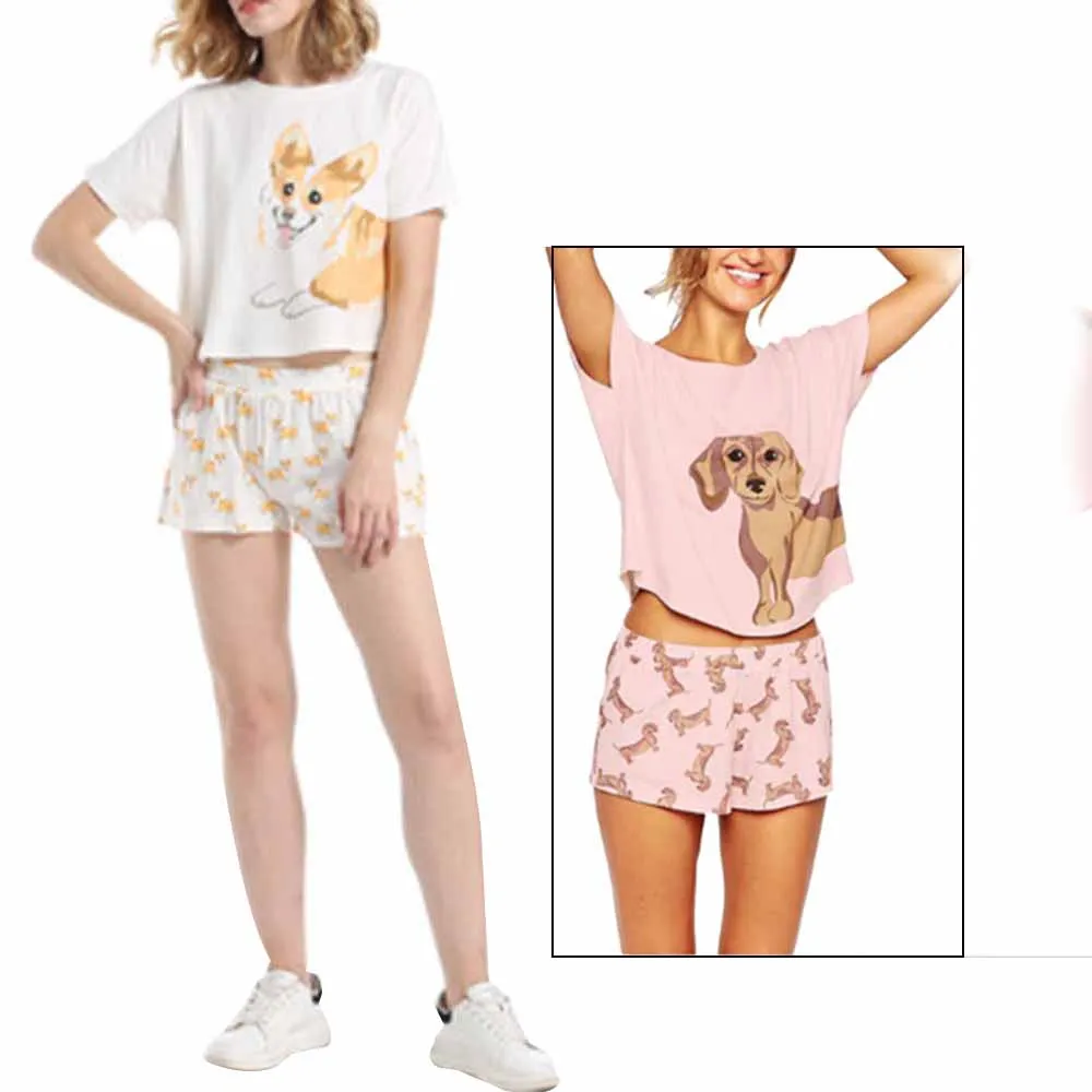 

Womens Pajama Set Dachshund Pug Corgi Chihuahua German Shepherd Dog Crop Top Shorts Elastic Waist Loose Pyjamas Lady Sleepwear