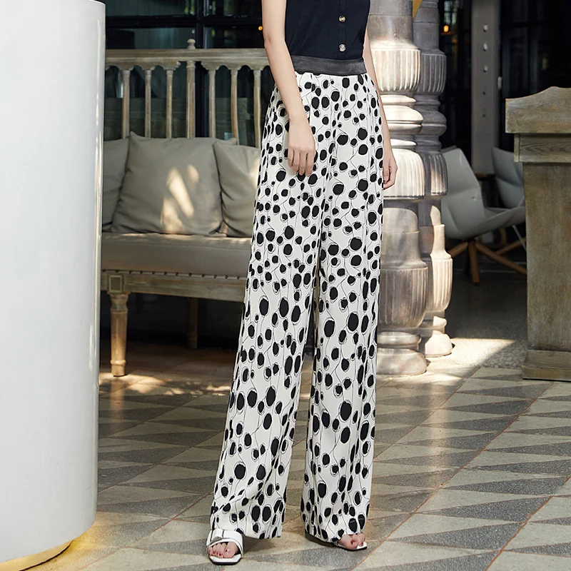 

Print Chiffon Wide Leg Pants Women Summer White Black Dot Elastic High Waist Full Length Trousers Woman Plus Size Gothic Pants