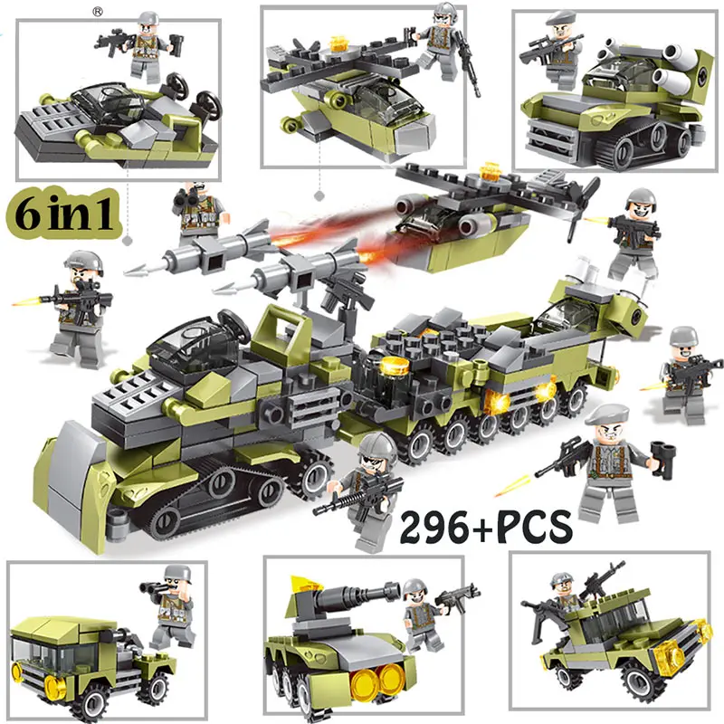 Город армейское оружие DIY Кирпичи Развивающие детские игрушки 296 шт 6в1 военный