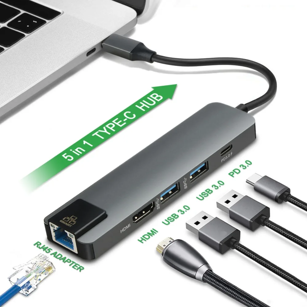 5 в 1 type C к HDMI концентратор многофункциональный адаптер с 3 USB 3,0 type C RJ45 Lan порт