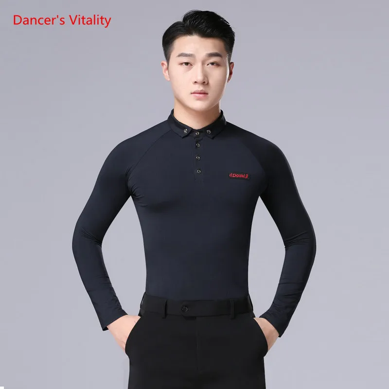 

New Latin Dance Shirts Adult Men Ballroom Dance Tops Long Sleeve Round Neck Tops Waltz Shirt Performance Practice Wears