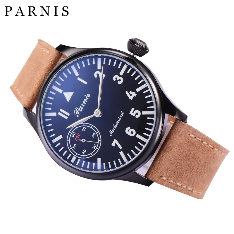 Parnis Mechanical Watch Men Hand Winding Black Case Leather Power Reserve Pilot Military Clock Wrist Watch Relogios Masculinos