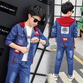

2pcs Denim Boys Outerwear & Boys Jeans Clothing Set Boy Hooded Jacket Pants for 8 10 12 14 Years 2020 Kids Clothes Boys 185003
