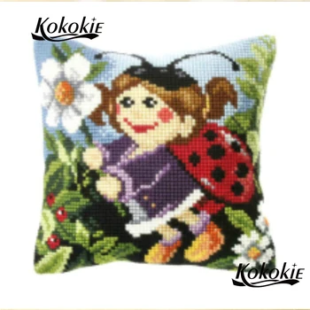

Throw pillow case cartoon Beetle printing pillow kits cross stitch Embroider Needlework kits cotton Counted cushion mat Set