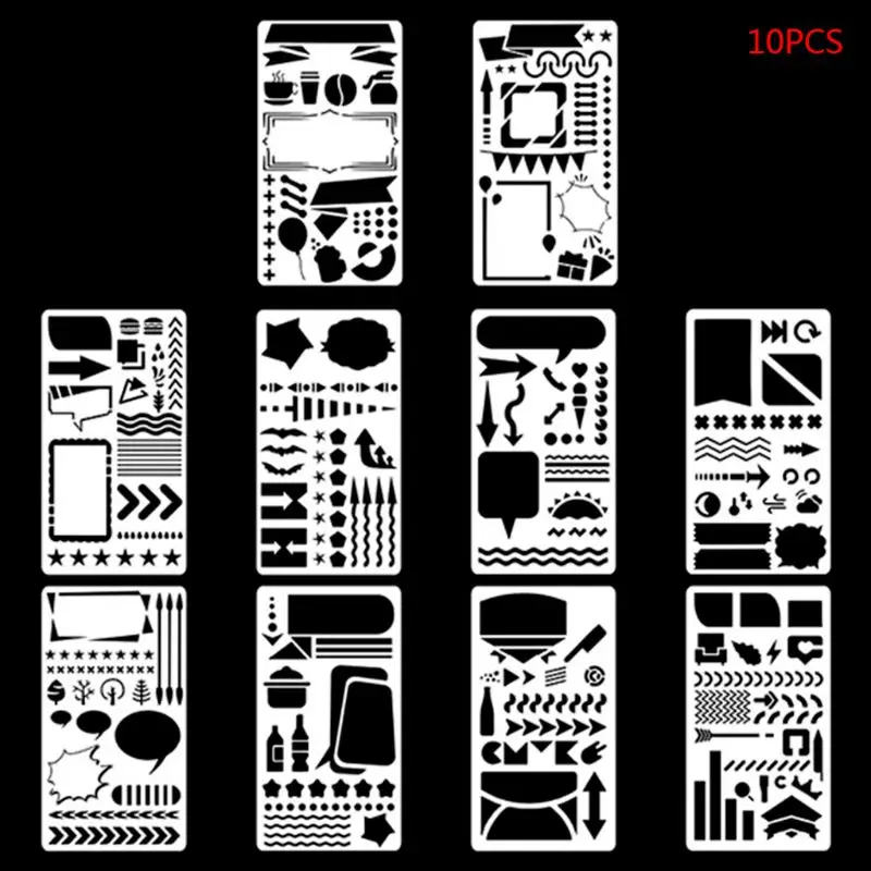 

10pcs/set Bullet Journal Stencil Plastic Painting Theme Drawing Template Rulers Hand Craft DIY Stationery Diary Decor A6 Size