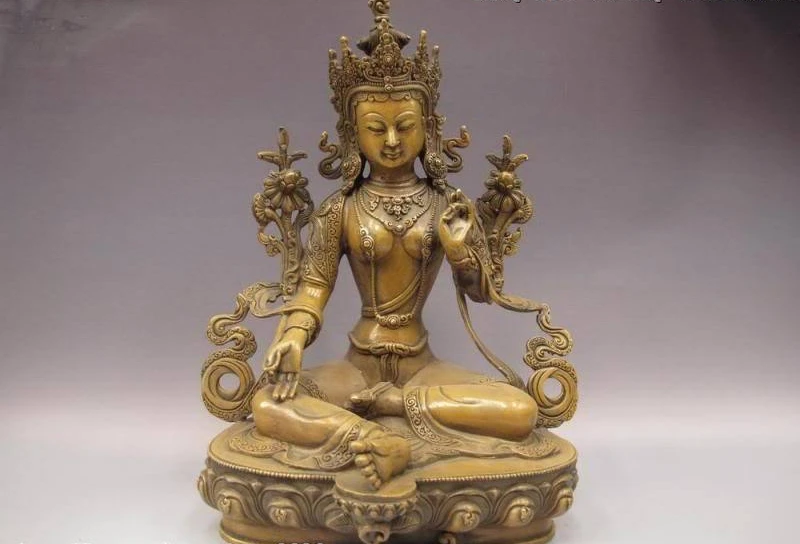 

Tibet Buddhism Copper Bronze Green TaRa Kwan-Yin Guan Yin Goddess Buddha Statue