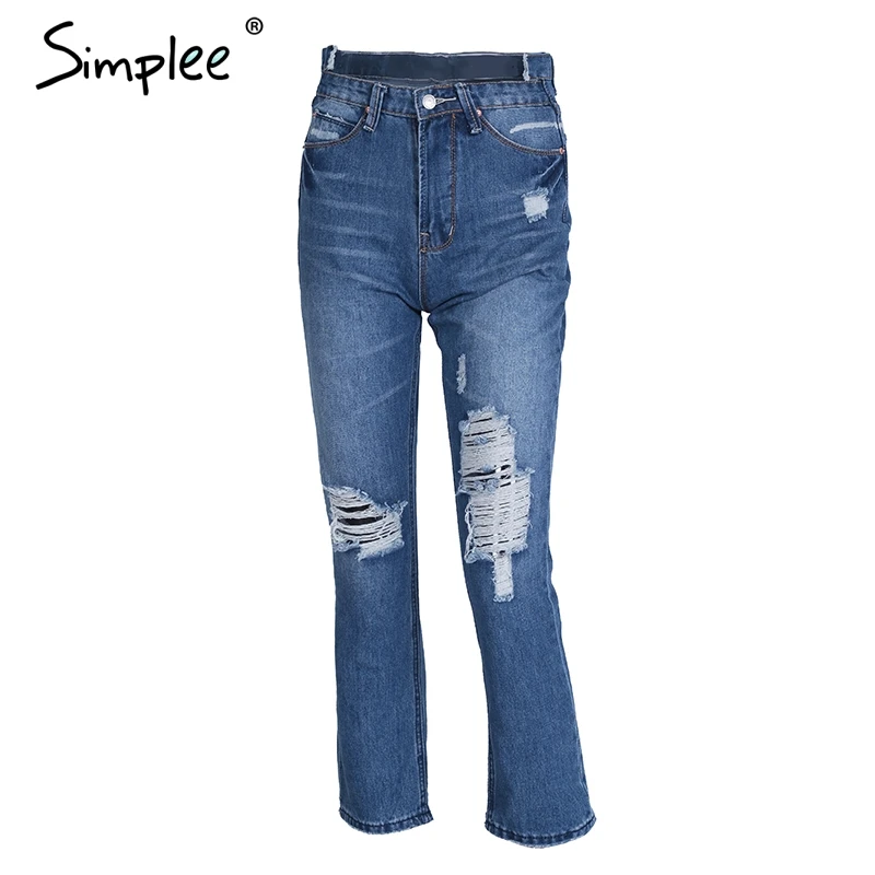 Simplee Hole fringe ripped jeans women bottom Casual streetwear skinny