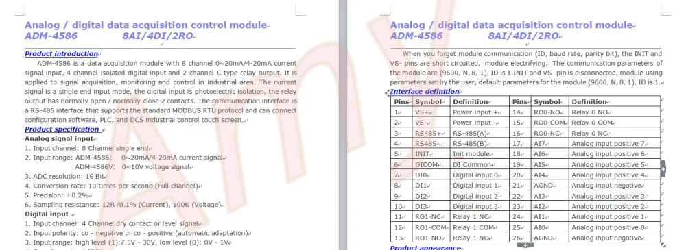 ADM-4586 8 способ 4-20mA ток сбора 4 цепи переключатель количество вход 2 дорожный релейный выход IO модуль сбора RS485