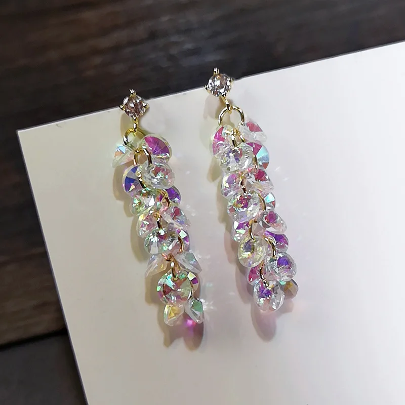 

925 Sterling Silver Colorful Crystal Tassel Ear Piercing Drop Earrings for Women Elegant Wedding Jewelry Gift eh1160