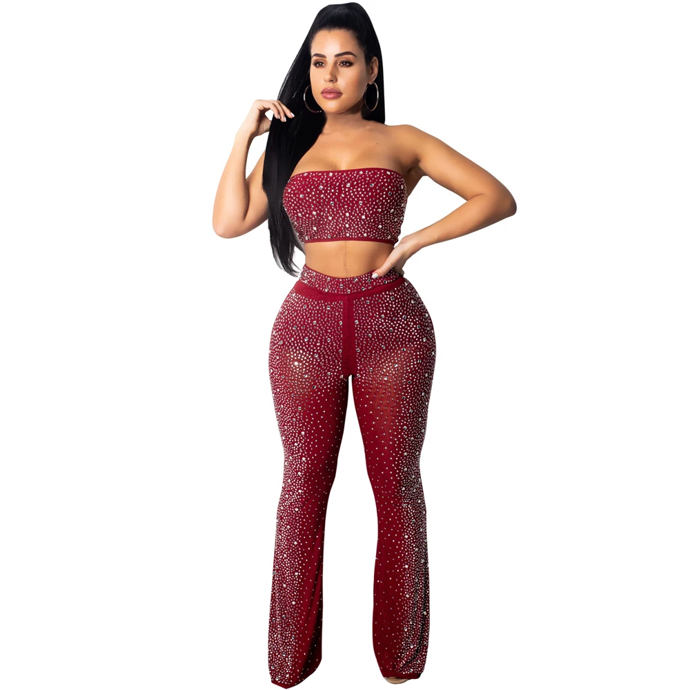 Two Pieces Set Sexy Rompers Women Bodycon Jumpsuit Sheer Mesh Diamonds Rhinestone Off Shoulder Skinny Club Bodysuit Overalls