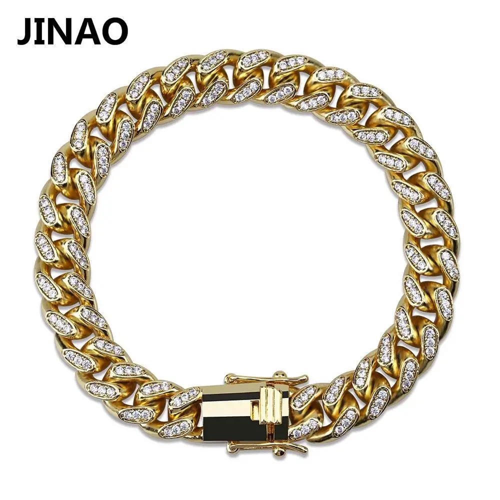 JINAO, новая мода, шикарный браслет с кубическим цирконием, все, Iced Out, 8 дюймов, длина, ювелирная застежка, кубинская цепочка, хип-хоп ювелирное изделие для мужчин - Окраска металла: BRA18050003-G