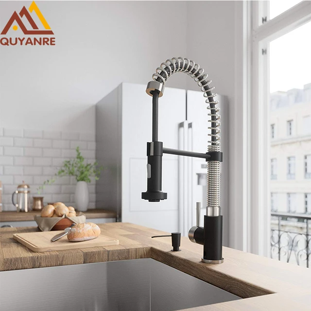 Best Quality Quyanre Matte Black Pull Down Kitchen Spring Faucet Single Level Mixer Tap 360 Rotation  2-way Pull Out Spray Kitchen Faucet