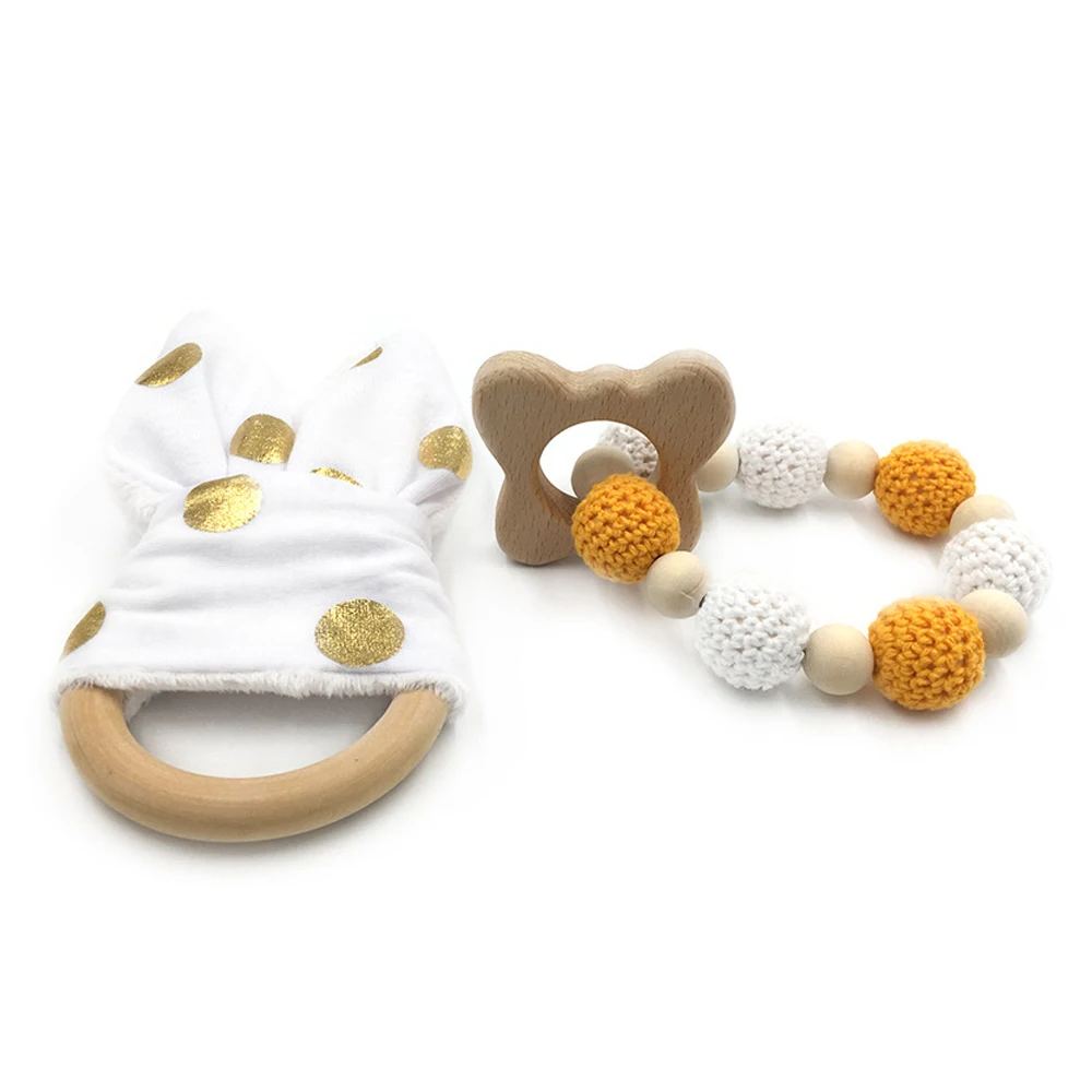 Enjoybay 2pc/set Baby Wooden Teething Rings Bunny Ear Teether Wooden Bracelets Non-toxic Natural Wood Teething Toy Newborns Gift