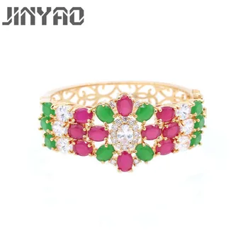 

JINYAO Fashion Champagne Gold Color Red&Green Cubic Zircon Charm Wrist Bracelet Bangle For Women Party Jewelry