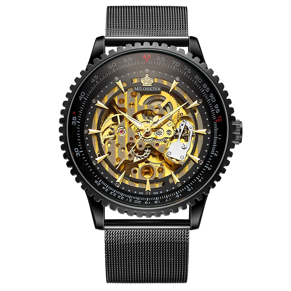 En Ligne MG. ORKINA Nouveau Mâle Montres En Acier Inoxydable de Maille Bande Hommes Squelette Montre Mécanique Automatique Relogio Masculino
