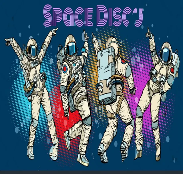 outer space theme party disco dancing retro comic book cartoon
