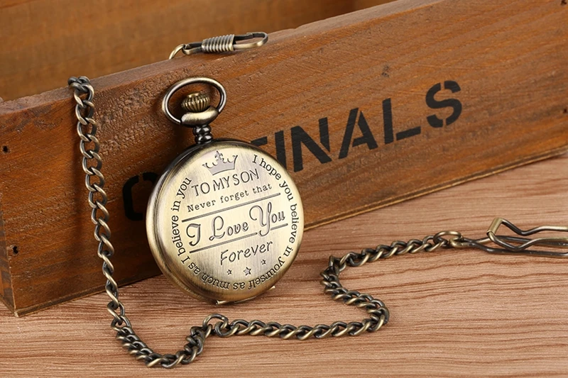 To MY SON Engraved Word  Retro Copper Pocket Watch Men Unique Quartz Clock Chain Boy Birthday Christmas Gift for Kids Boy Men 2019 (7)