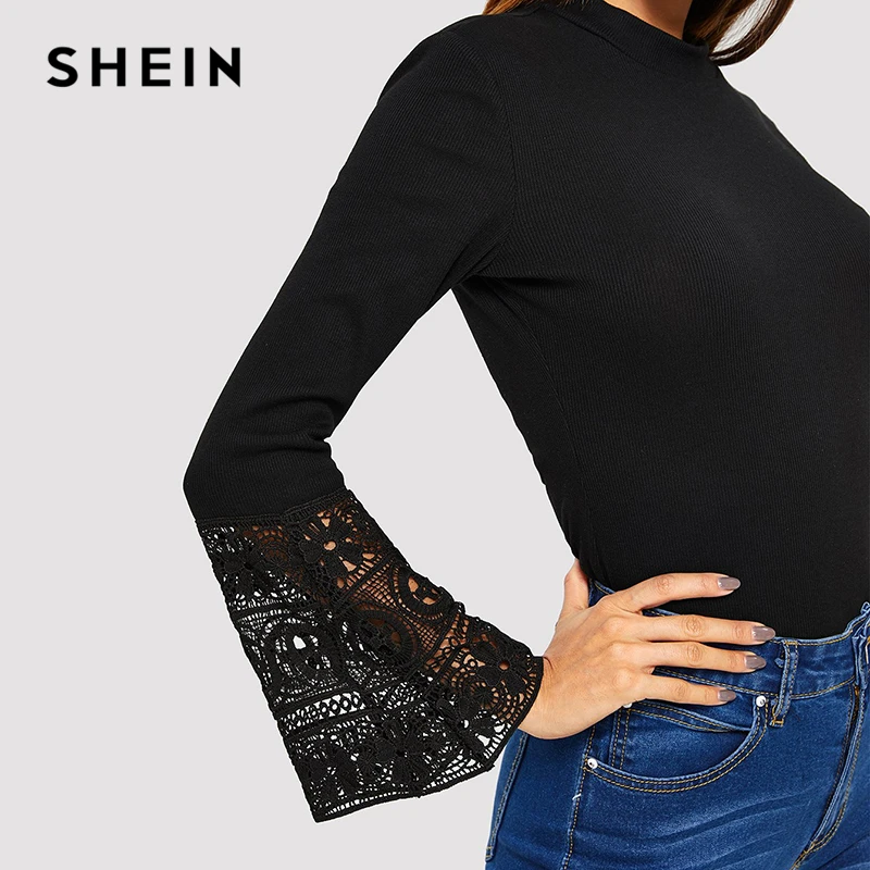 SHEIN Black Floral Lace Insert Bell Sleeve Tee Elegant Plain Slim Fit Long Sleeve T-shirt Women OL Work 2019 Spring Tops