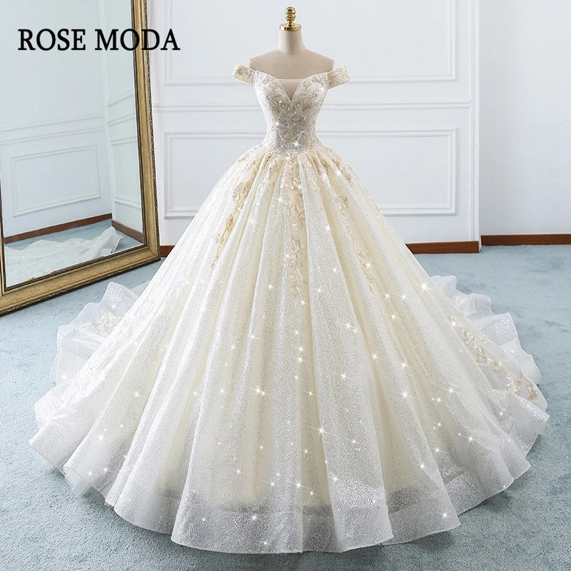 

Rose Moda Bling Off Shoulder Wedding Dress 2019 Champagne Lace Wedding Dresses Ball Gown Long Train Real Photos