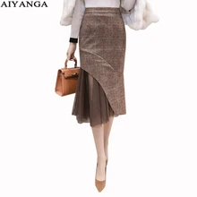 Для женщин осень-зима Harajuku Высокая Талия шерстяной плед ретро юбка Женский сетки лоскутное тонкие юбки для Для женщин AIYANGA
