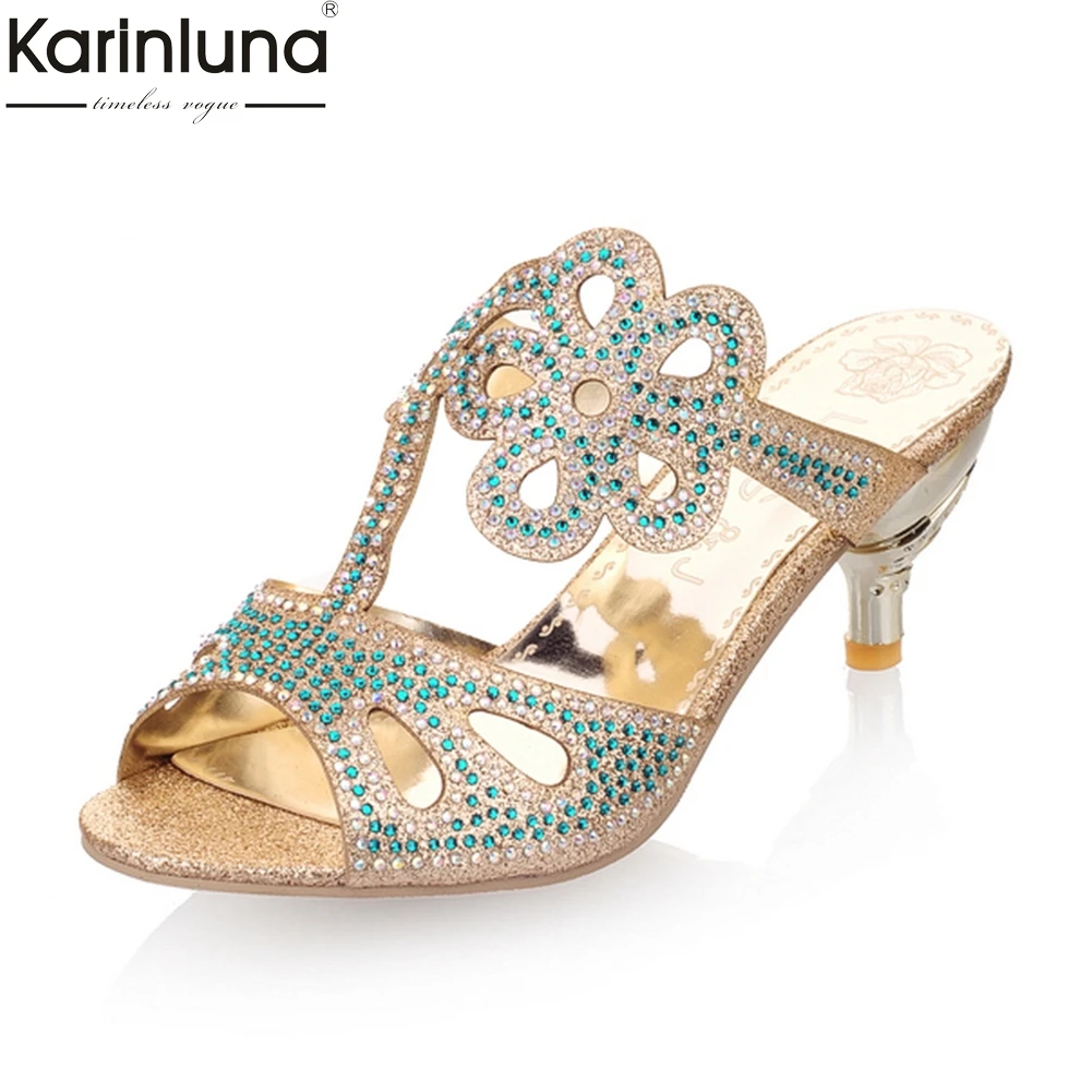 

Karinluna Fashion Small Large Sizes 31-43 Summer Slippers Woman Beautiful Flowers Crystals High Heels women's Party Shoes Slides