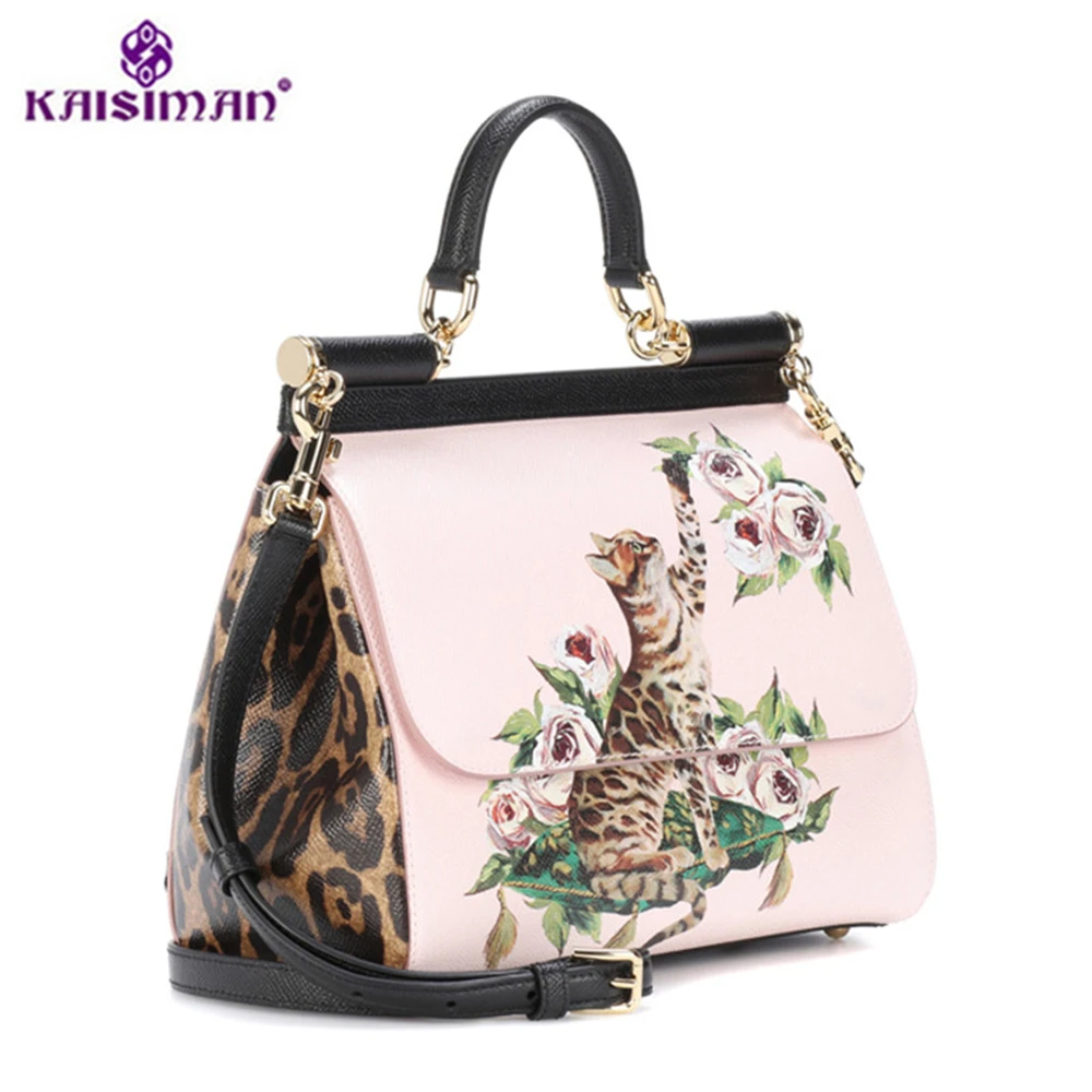 

Genuine Leather Women Shoulder Bag Elegant Unique Design Cat Ptint Bag Princess Luxury Platinum Handbags Peekaboo Women Tote Bag