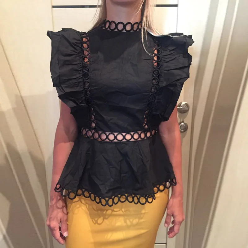 

HIGH STREET New Fashion 2019 Designer Runway Blouse Women's Butterfly Sleeve Hollow Embroidery Ruffle Blouse Top