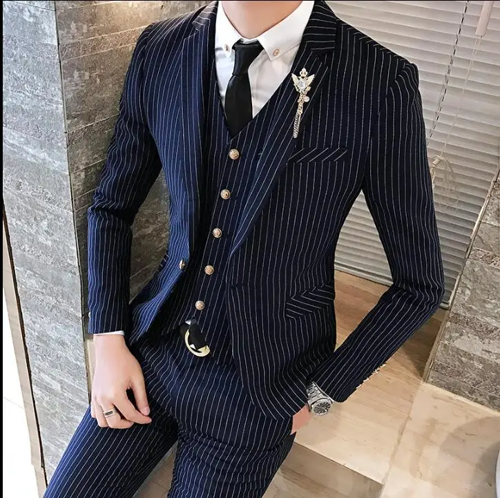 

M-XXXL 2019 new Korean version striped suit men's business casual Slim small suit men's wedding dress three-piece suit