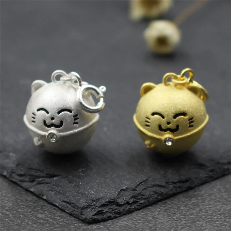 

Real 925 Sterling Silver Fortune Cat Bell Charm Pendant DIY Bracelet Pendant Necklace Fine Jewelry Findings Accessories A0225