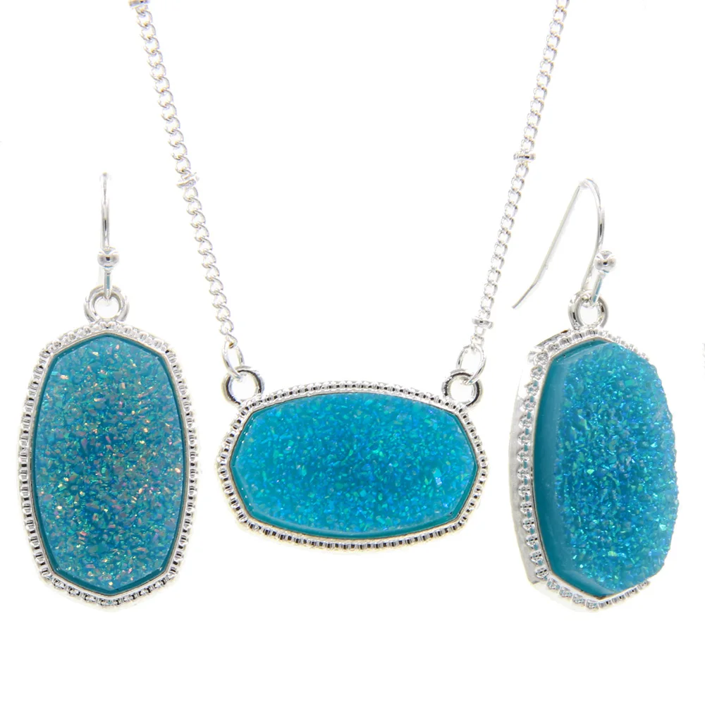 

YJX Silver Color Oval Pendant Necklace With Earrings Jewelry Set Glitter Druzy Drop Boutique