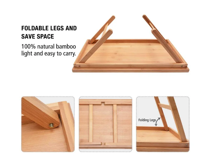 SUFEILE деревянный складной стол для ноутбука, поднос для завтрака, поднос для кровати, регулируемая складная с откидной верхней частью и ножками компьютерная настольная подставка