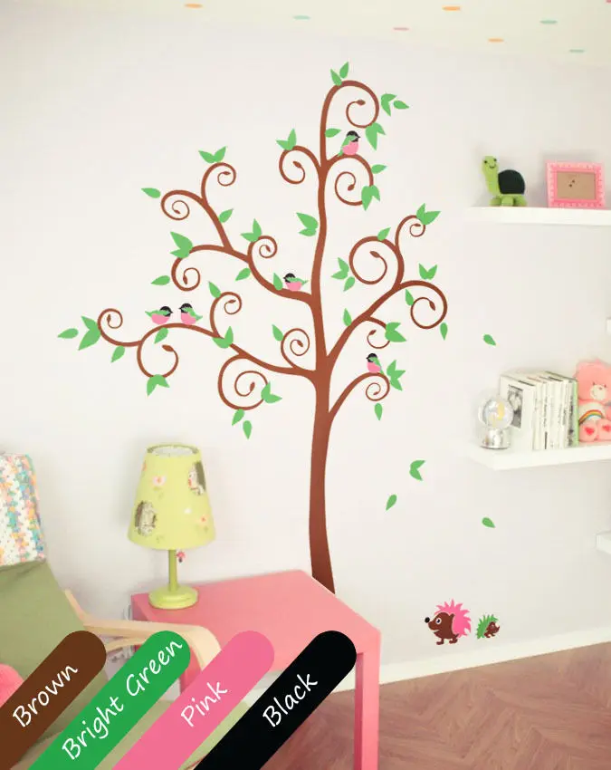 Brown Cute And Simple Wall Tree Decals With Pink Birds And Brown Hedgehogs Diy Removable Wall Sticker Size 48 80 7inches Tree Decal Walls Treewall Sticker Aliexpress