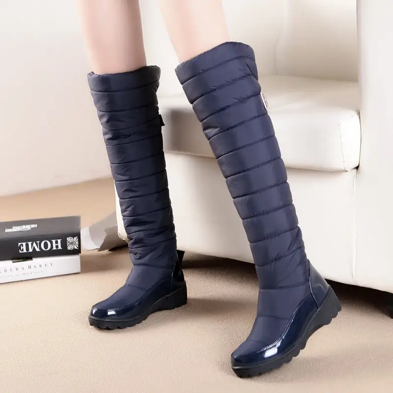 

MORAZORA women boots high quality keep warm down knee high snow boots patent leather winter shoes woman blue black