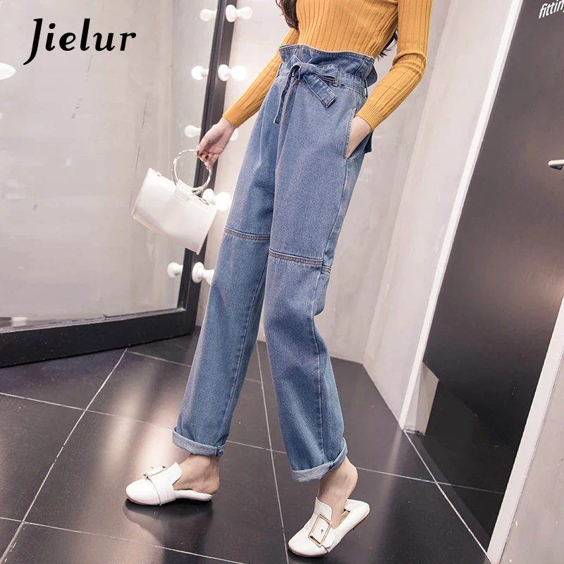 Jielur осень корейский негабаритных синие джинсы женские уличные модные свободные джинсы пояса эластичная талия крутые брюки для женщин
